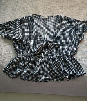 Altar'd State Black & White Gingham Tie-Front Peplum Top